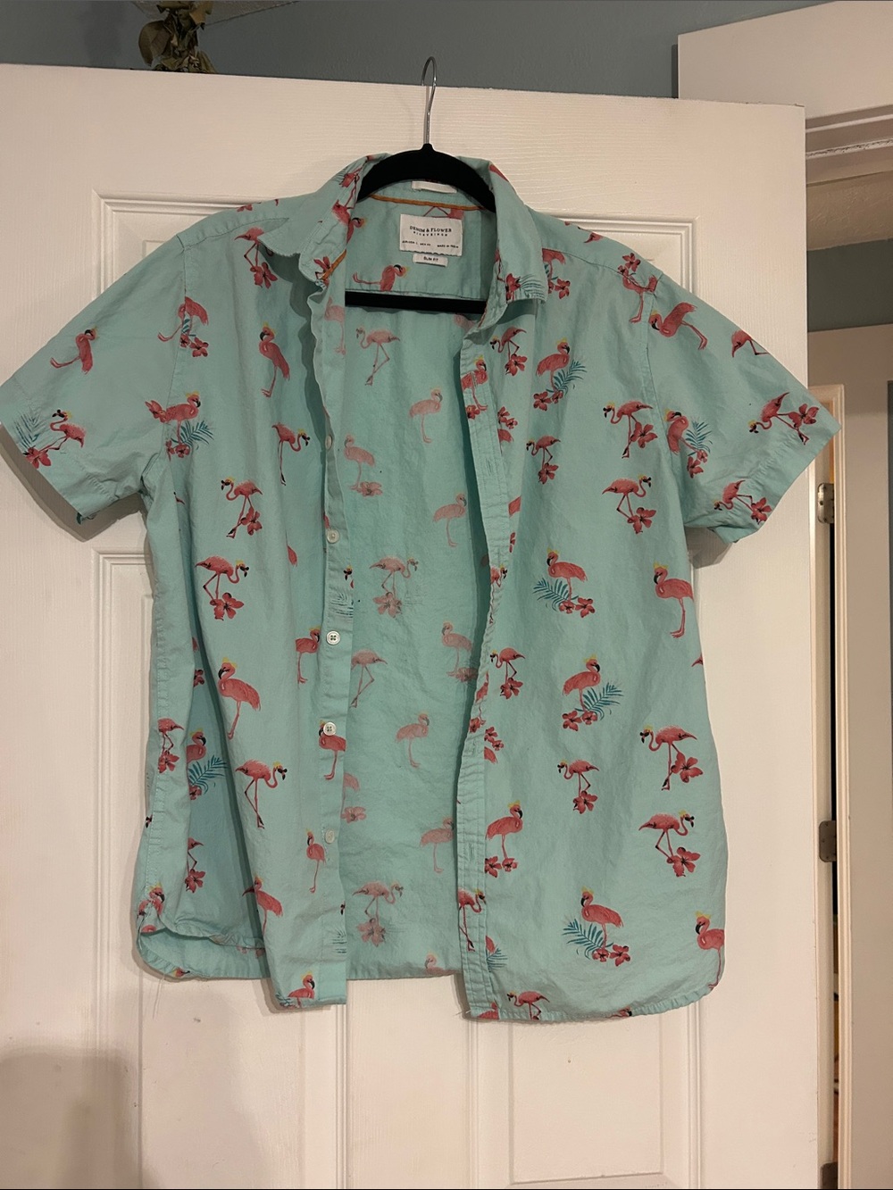 Denim & Flower Aqua Blue Short-Sleeve Flamingo Button-Down Shirt